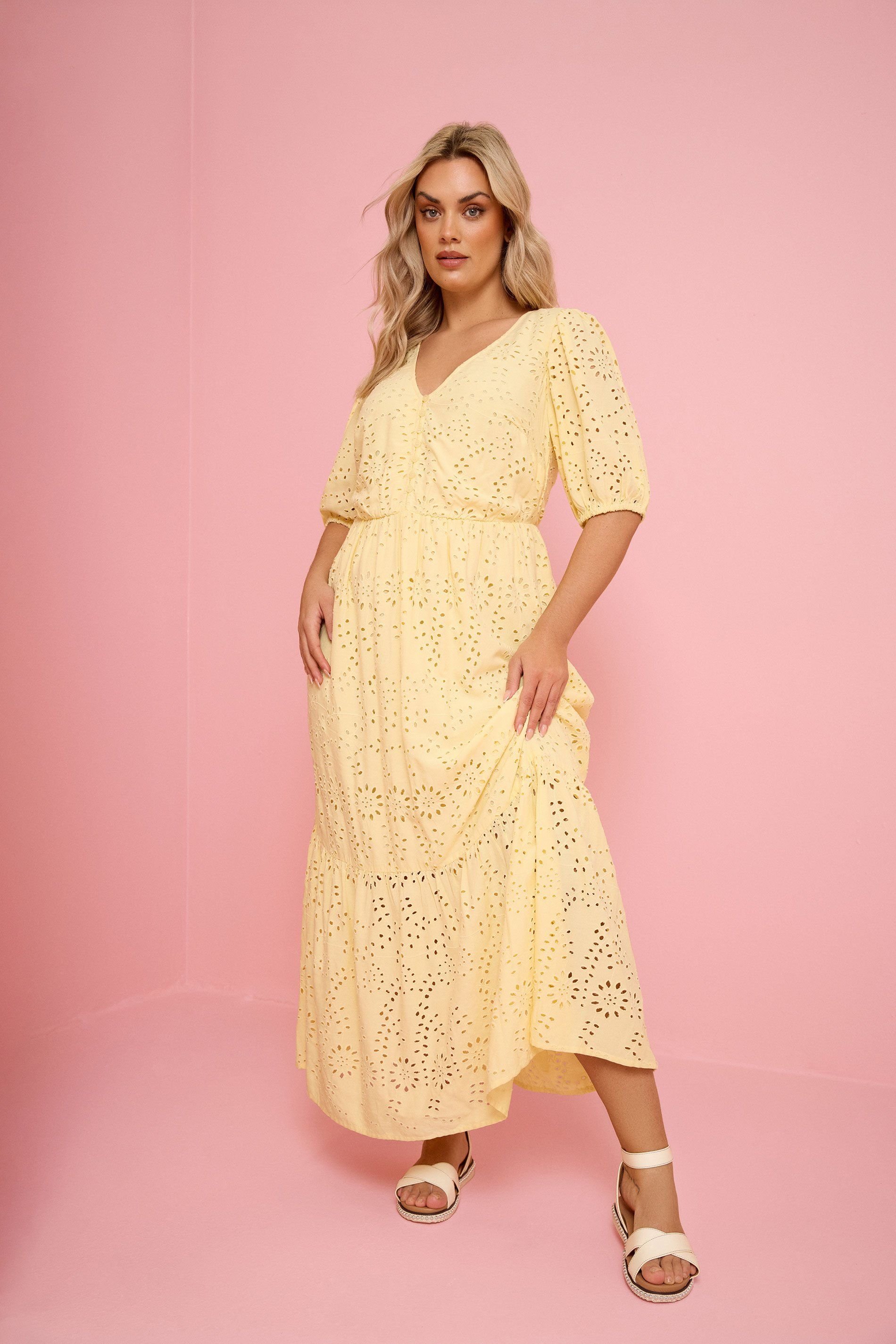Yours Yours Women's Broderie Anglaise Tiered Maxi Dress in Yellow - 1