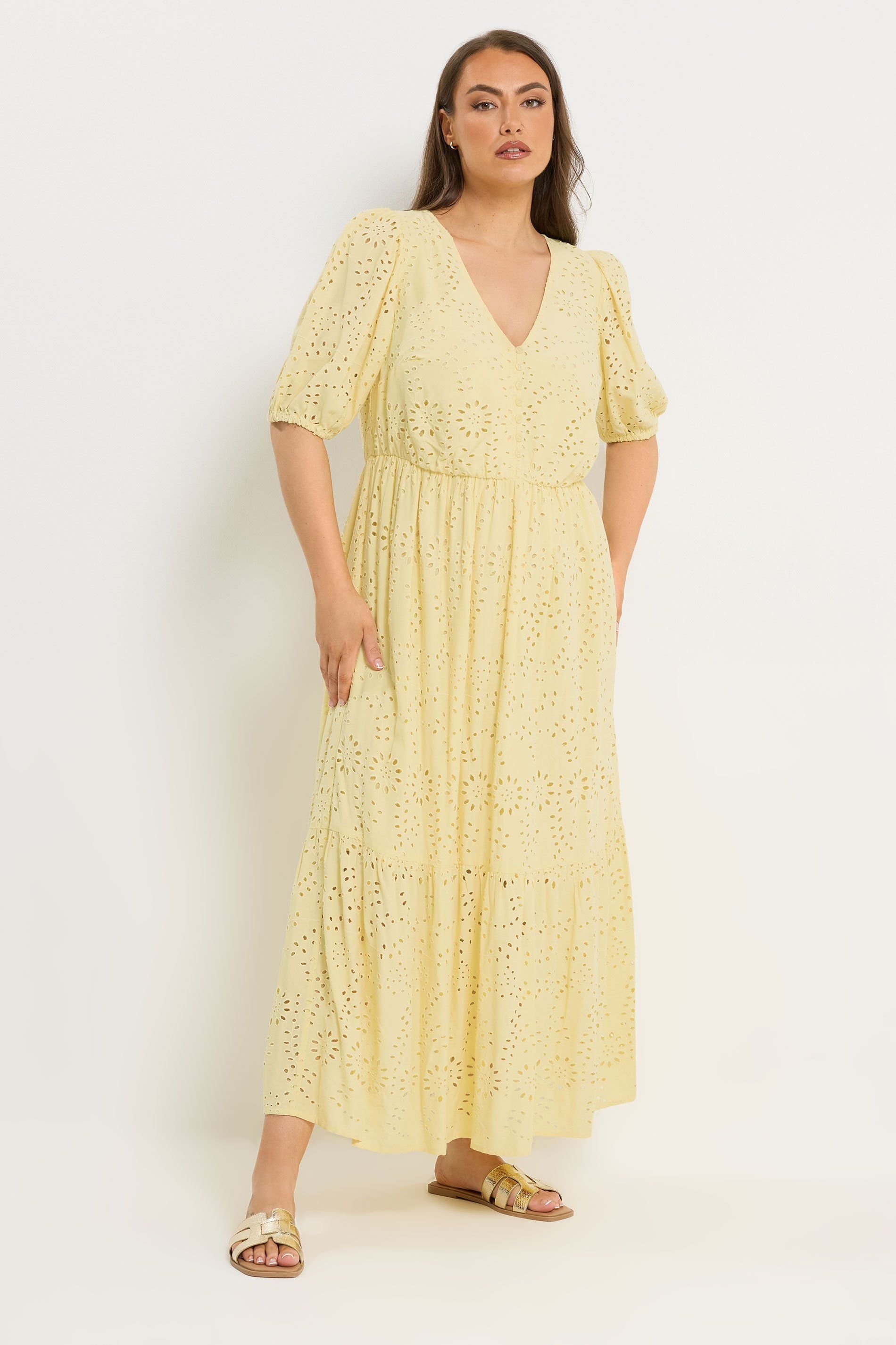 Yours Yours Women's Broderie Anglaise Tiered Maxi Dress in Yellow - 4
