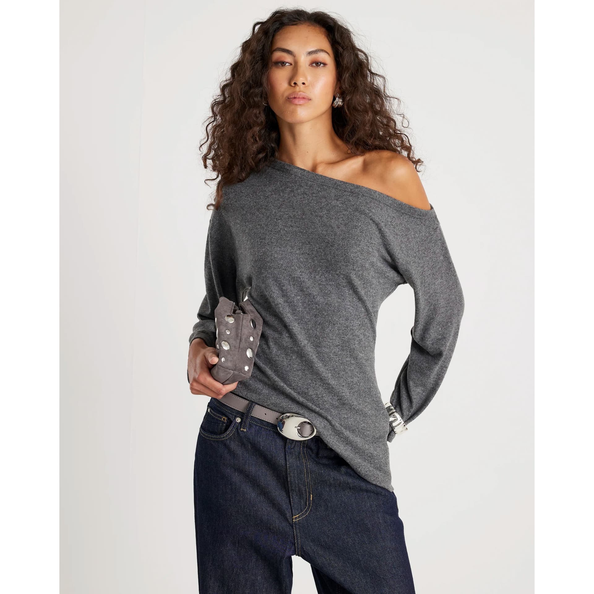River Island River Island Womens Grey Off Shoulder Cosy Top