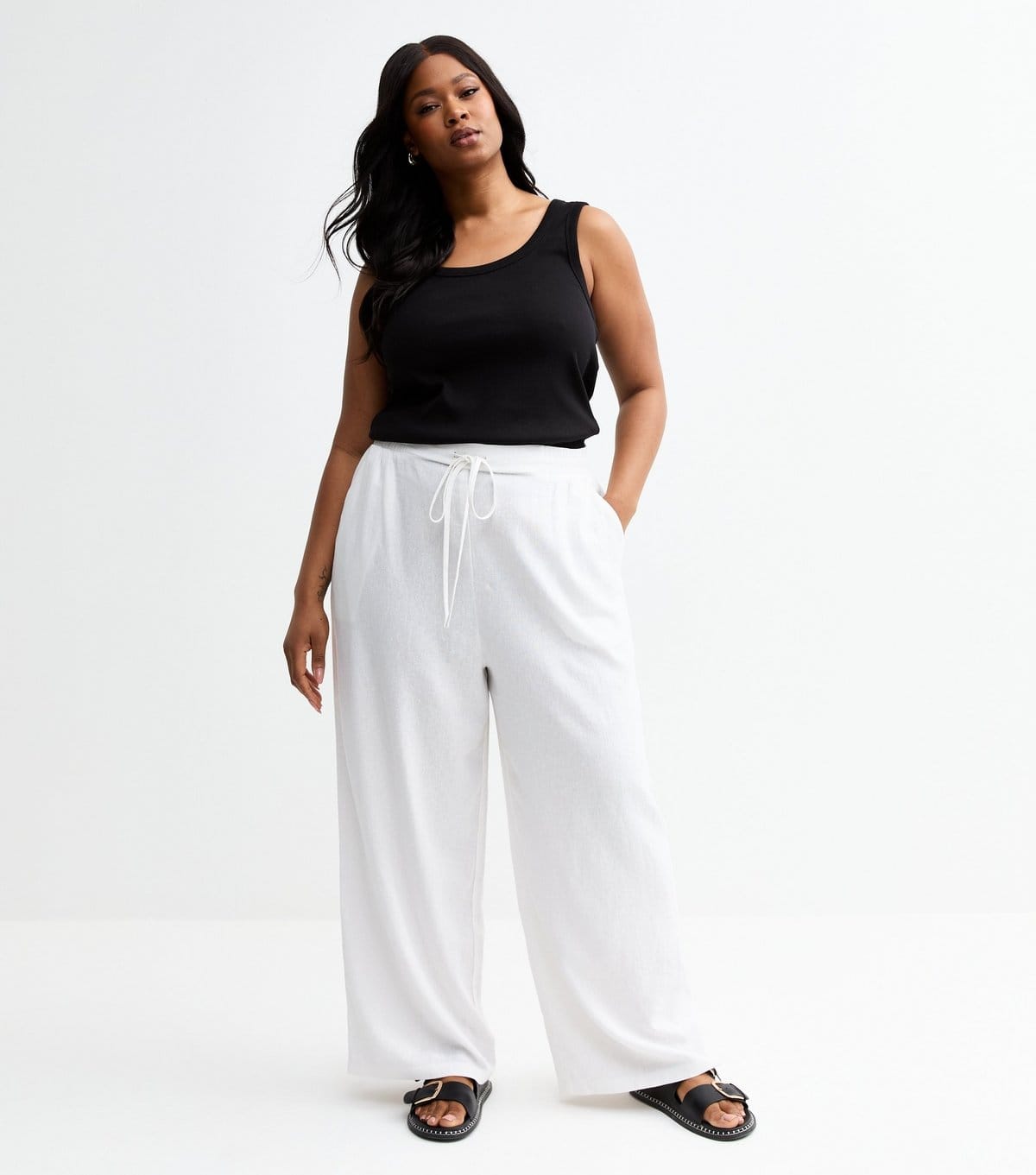 New Look Women's Plus Size White Linen Blend Wide Leg Trousers Curves New Look - 4