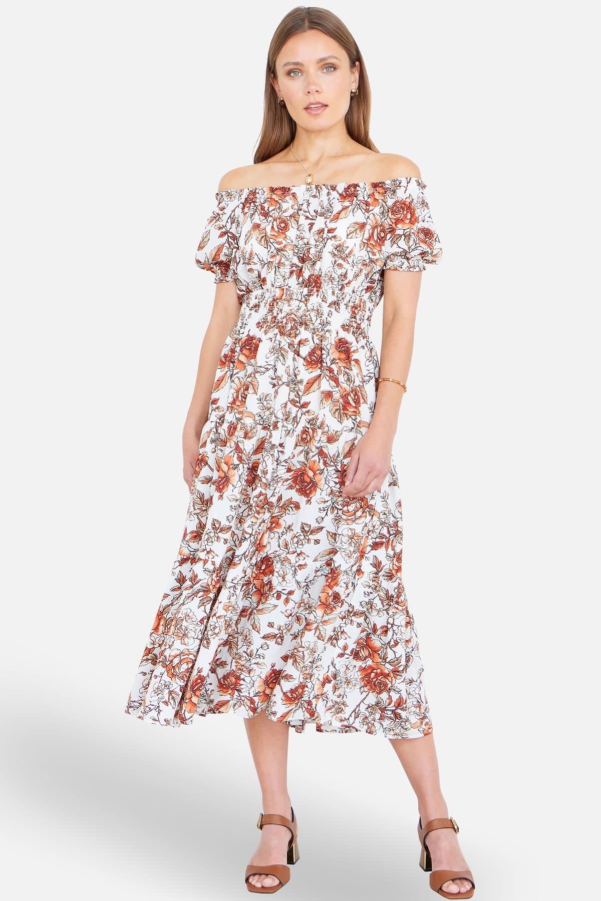Yumi Yumi Women's Orange Floral Ruched Waist Midi Dress in Burnt Orange