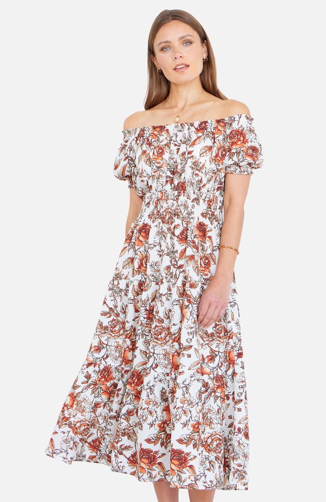 Yumi Yumi Women's Orange Floral Ruched Waist Midi Dress in Burnt Orange - 2