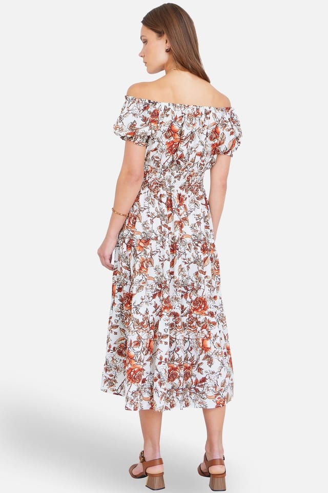 Yumi Yumi Women's Orange Floral Ruched Waist Midi Dress in Burnt Orange - 3
