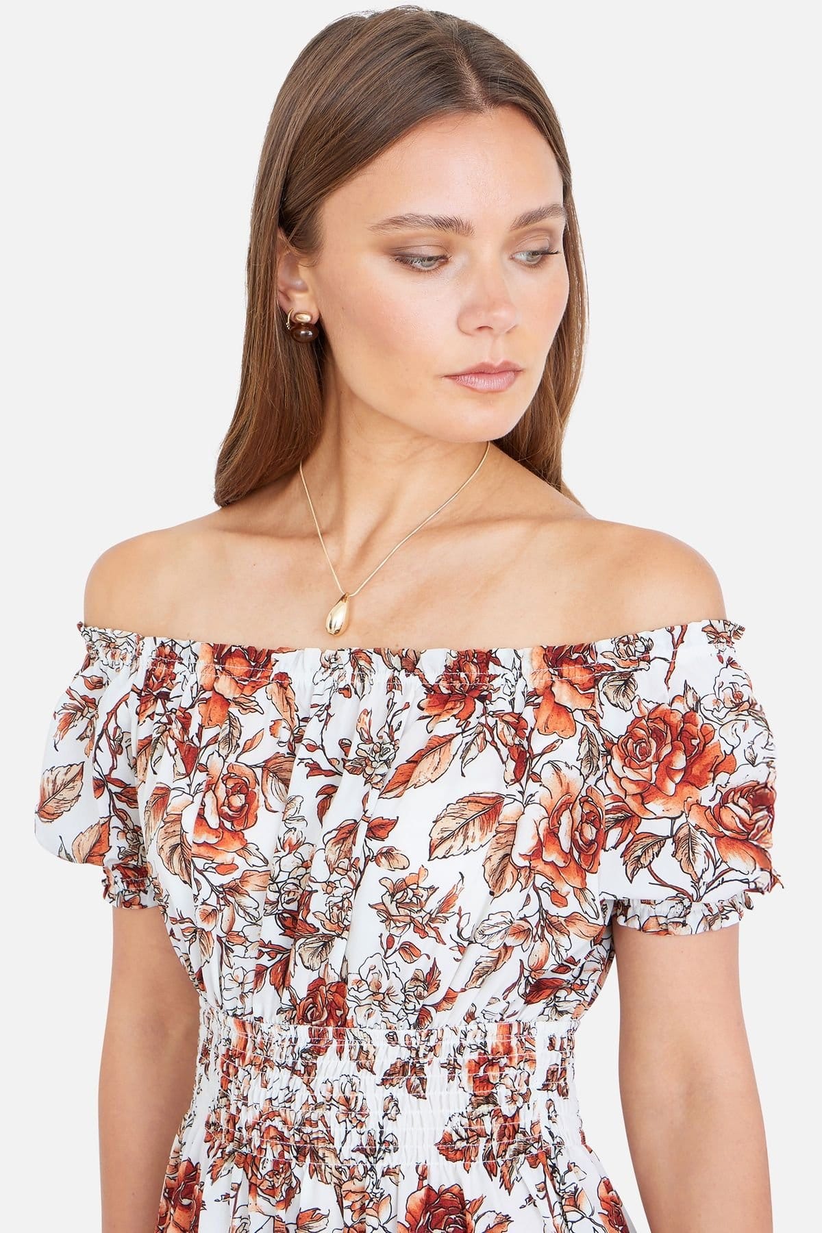 Yumi Yumi Women's Orange Floral Ruched Waist Midi Dress in Burnt Orange - 4