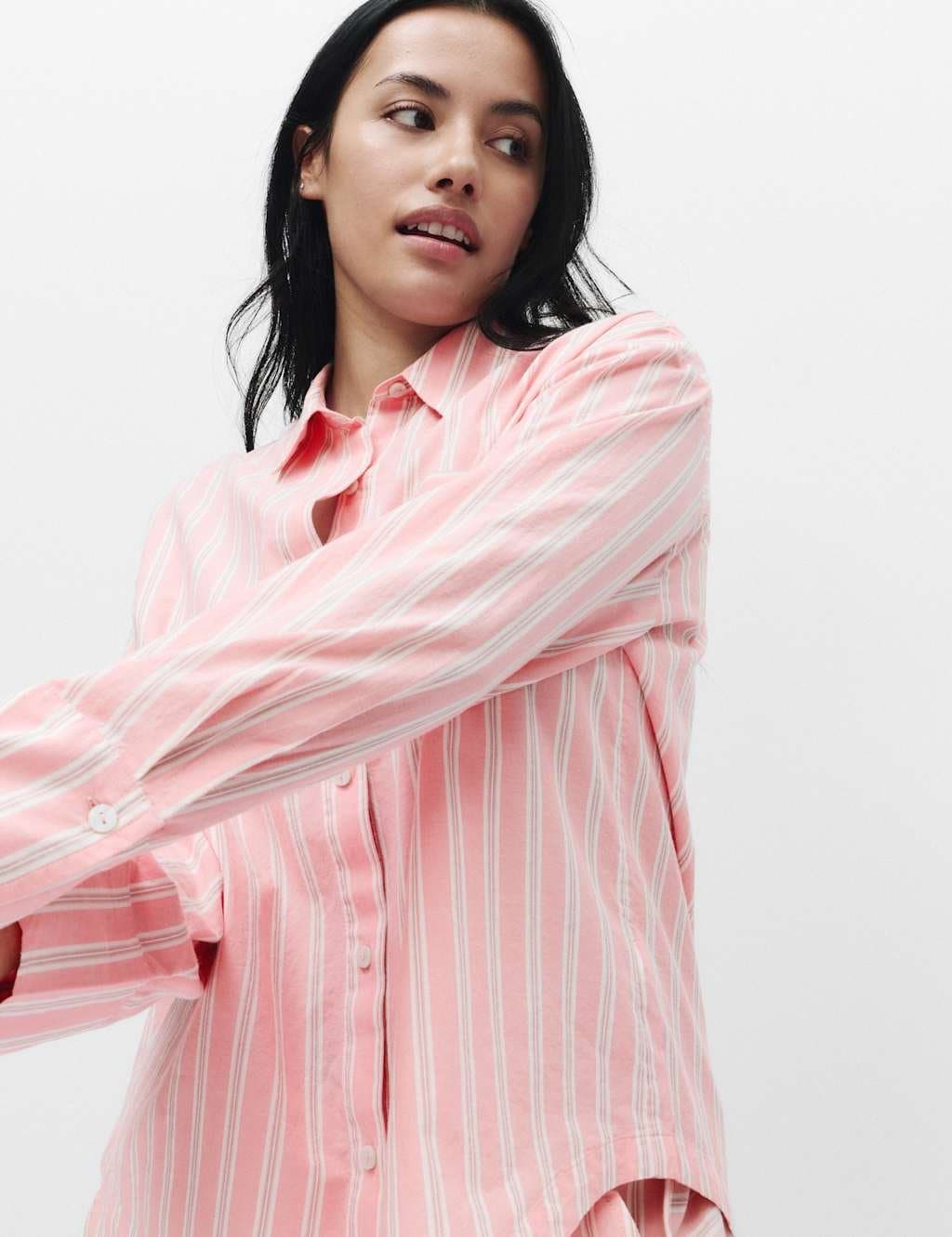 Marks & Spencer M&S Pure Cotton Striped Pyjama Shirt Pink Mix