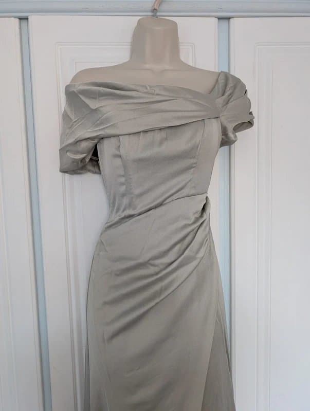 ASOS ASOS Edition satin Bardot drape wrap maxi dress in sage green size 8