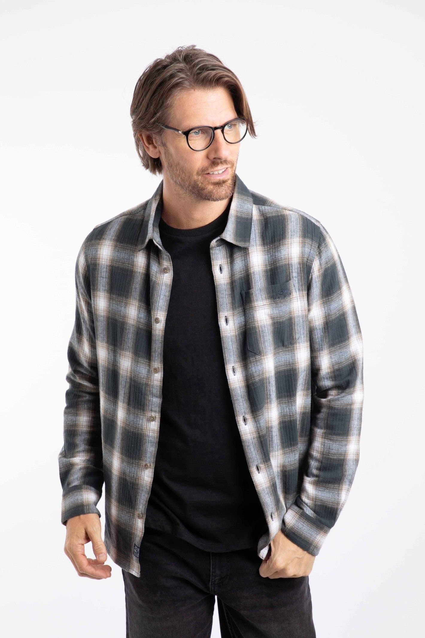 Weird Fish Weird Fish Men's Broxton Cotton Long Sleeve Herringbone Check Shirt in Grey