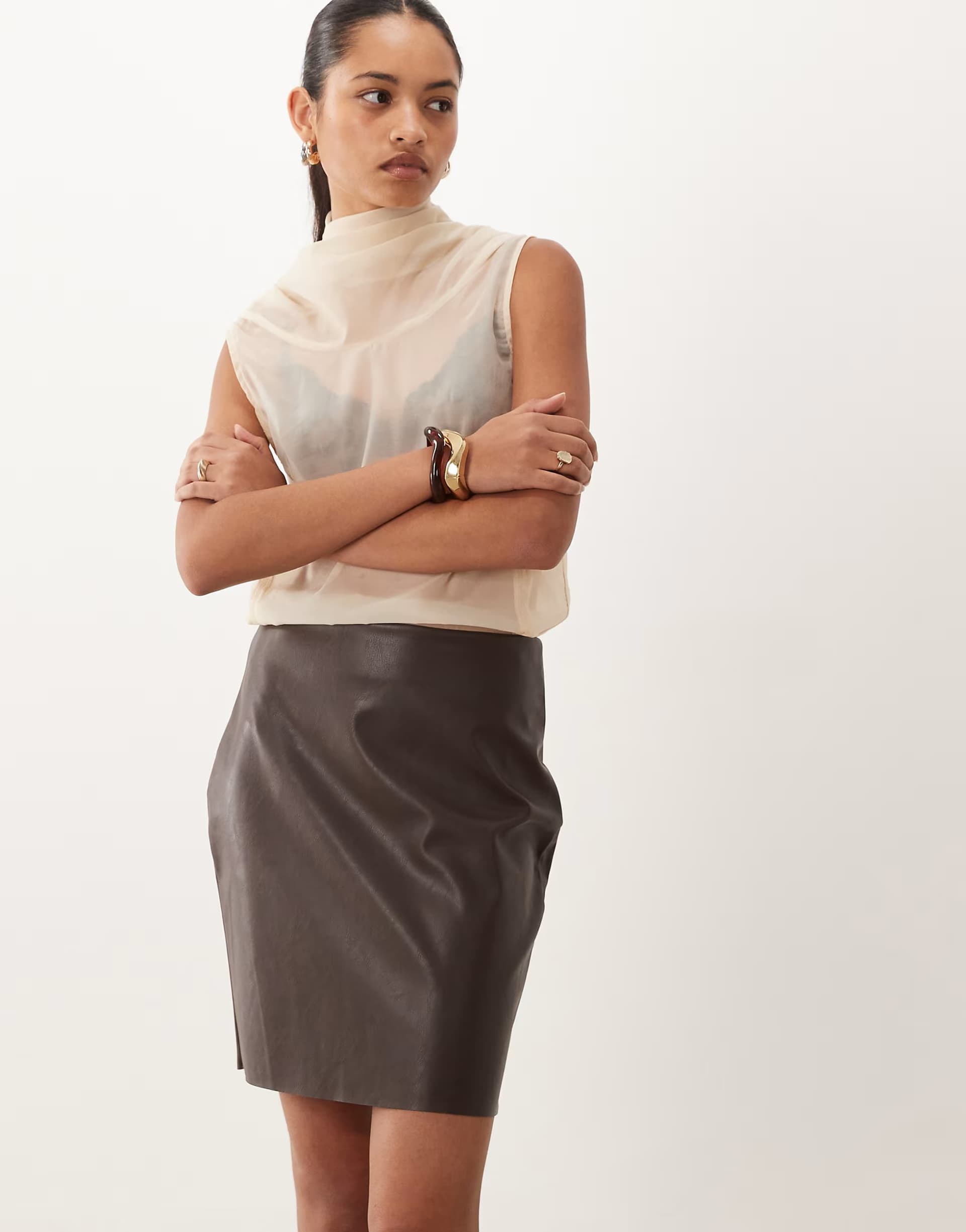 ASOS Vila faux leather mini skirt in chocolate brown