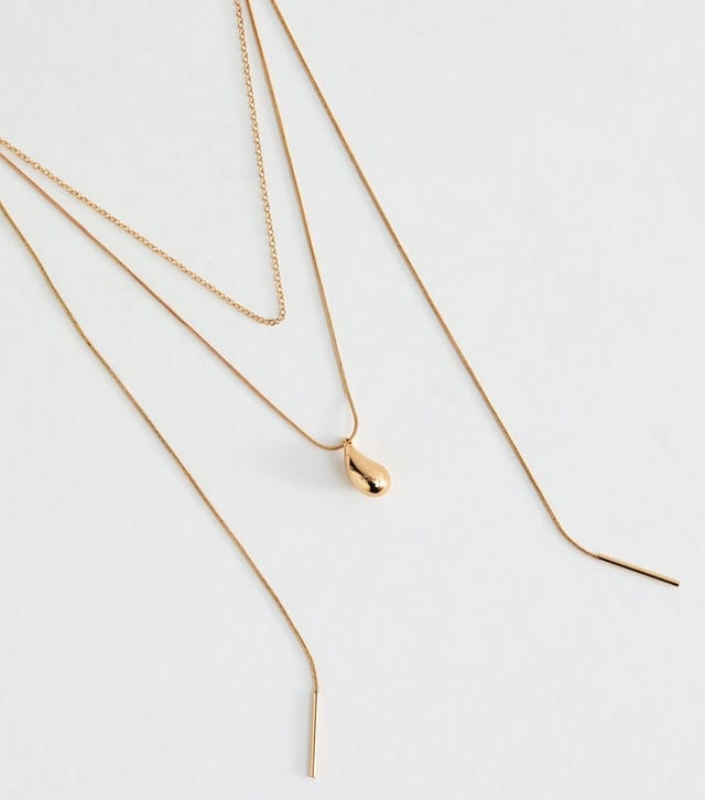 New Look Gold Tone Triple Layer Teardrop Charm Necklace New Look - 3