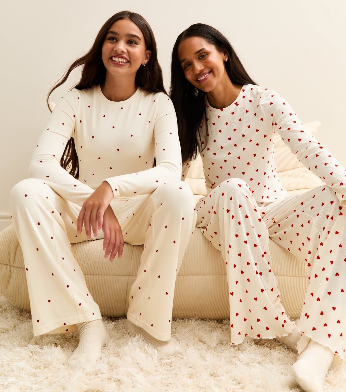 New Look Girls' Cream Ribbed Heart Print Top and Trousers Pyjama Set New Look