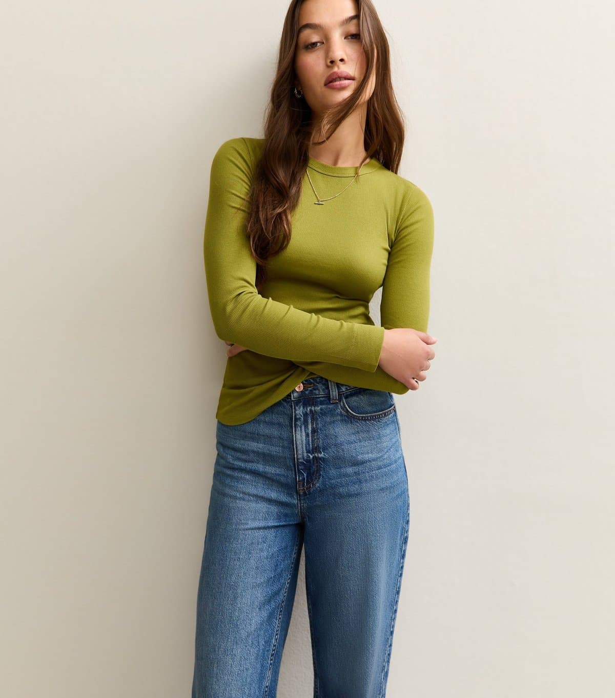New Look Women's Light Khaki Long Sleeve Ribbed Crew Neck Top New Look