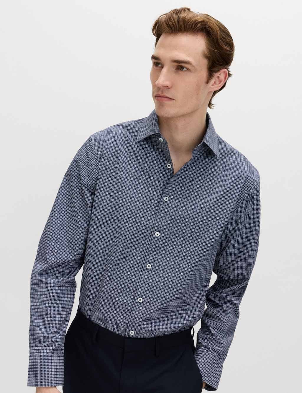 Marks & Spencer M&S Regular Fit Easy Iron Cotton Blend Shirt Blue Mix