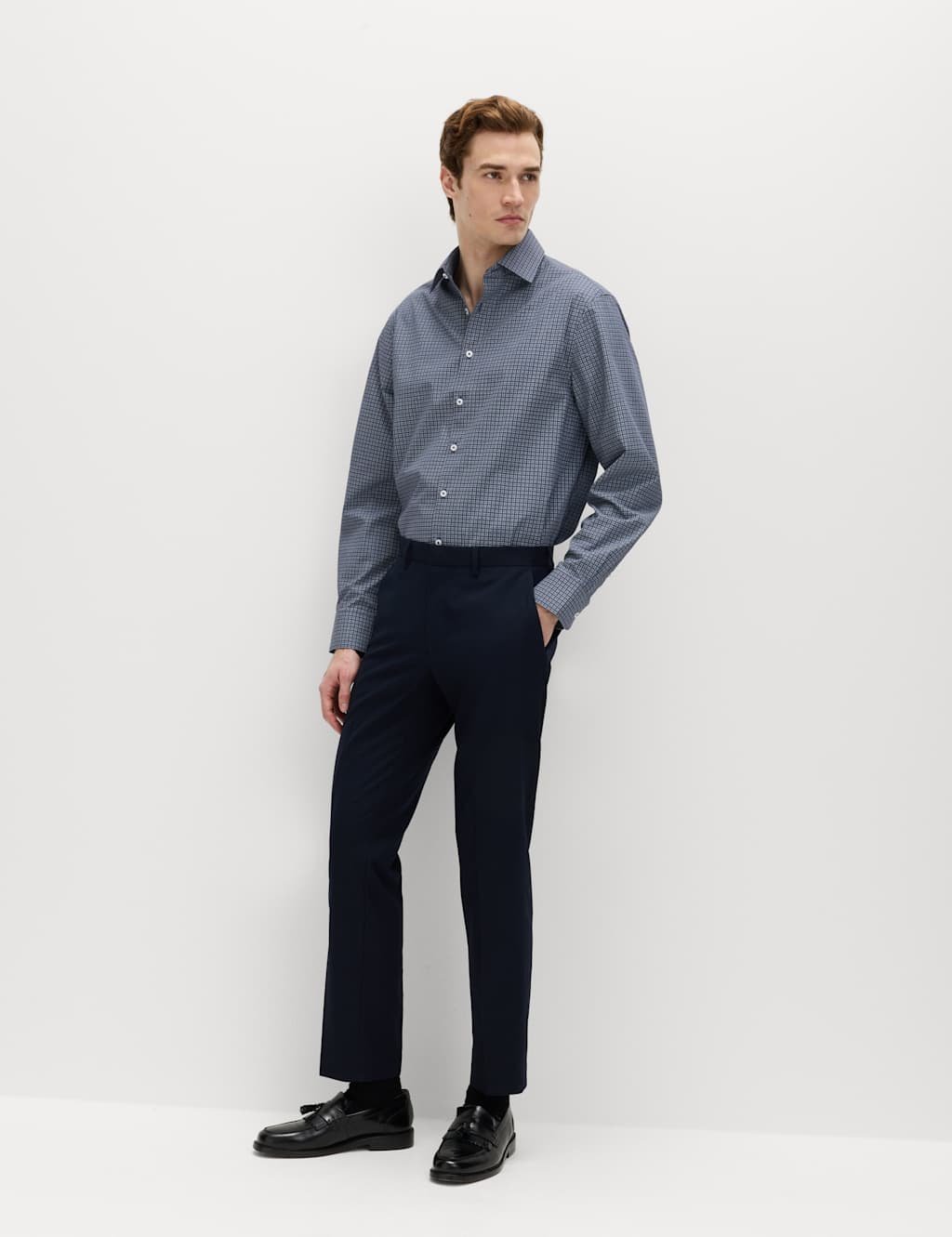 Marks & Spencer M&S Regular Fit Easy Iron Cotton Blend Shirt Blue Mix - 4