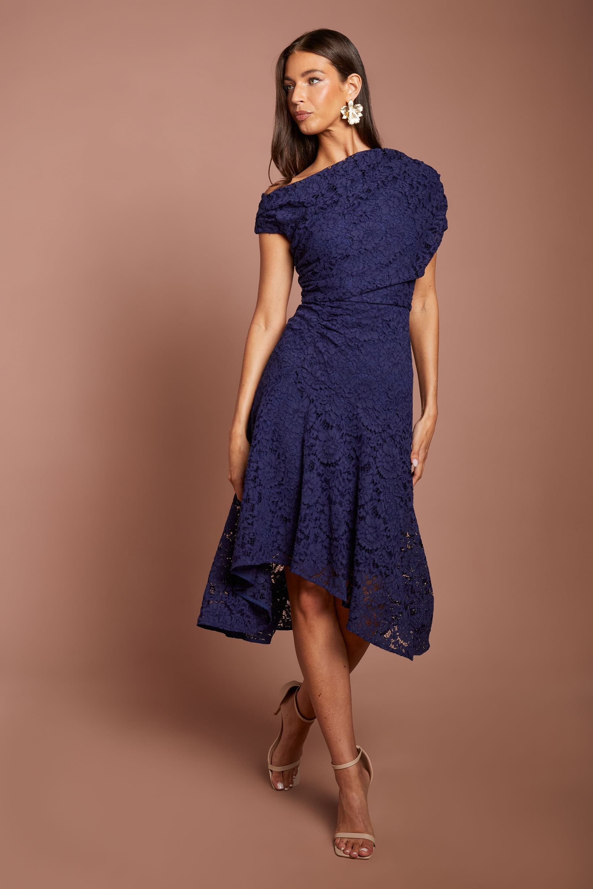 Coast Coast Women's Off The Shoulder Lace Hi Lo Dress in Navy