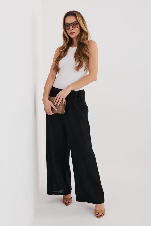 Love Lace Love Lace Women's High Waisted Cotton Wide Leg Trousers in Black - 2