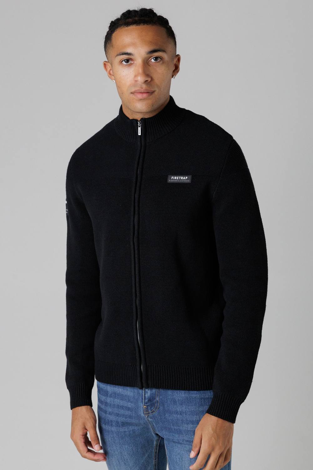 Firetrap Firetrap Men's Cotton Rich Zip Through Funnel Neck Jumper in Black - 2