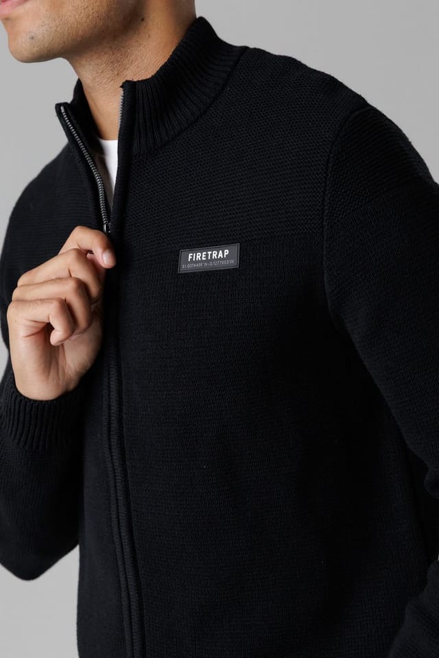 Firetrap Firetrap Men's Cotton Rich Zip Through Funnel Neck Jumper in Black - 3