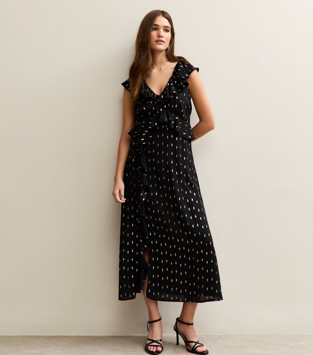 New Look Women's Black Gold Fleck Frill Midi Dress New Look