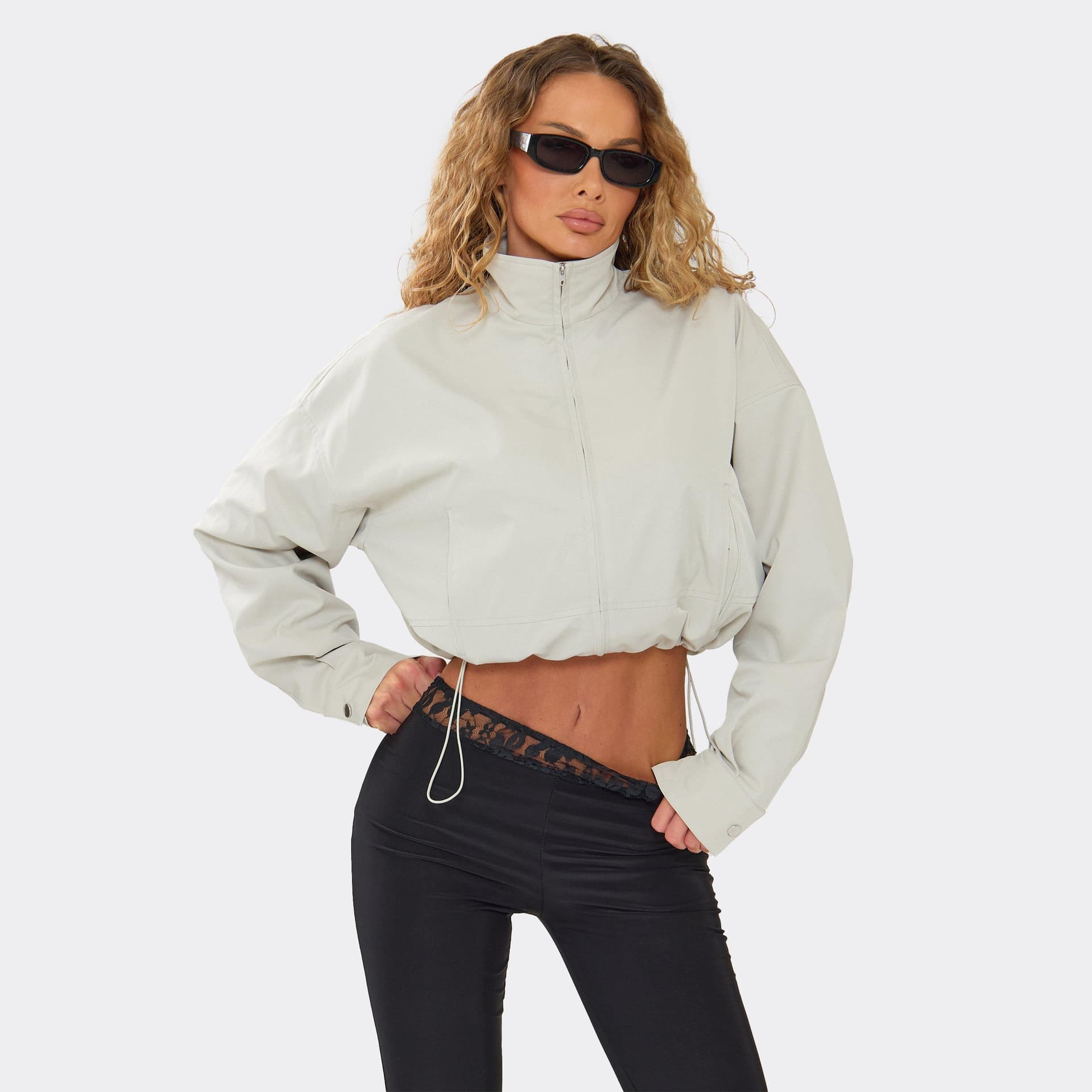 EGO High Neck Long Sleeve Toggle Hem Cropped Jacket In Grey Shell, Women's Size UK 6