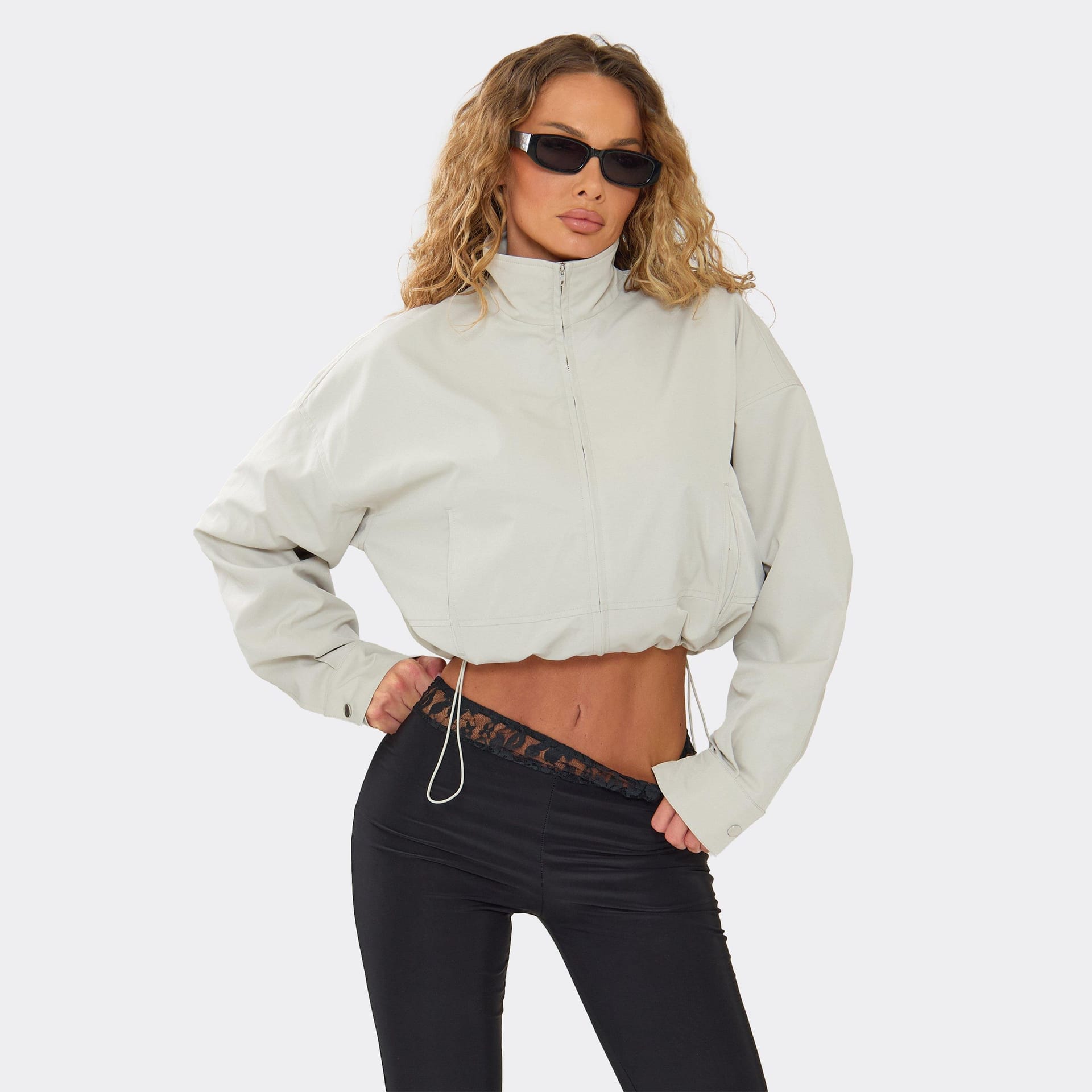 EGO Grey Shell High Neck Long Sleeve Toggle Hem Cropped Jacket