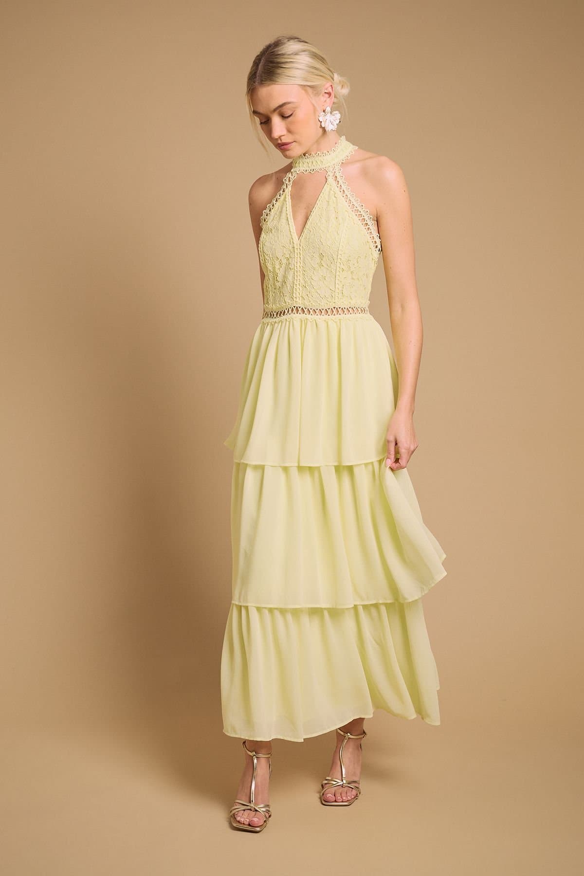 Oasis Oasis Women's Lace Tiered Halter Neck Midi Dress in Yellow