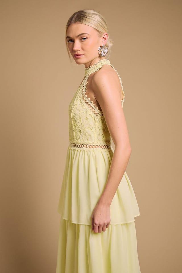 Oasis Oasis Women's Lace Tiered Halter Neck Midi Dress in Yellow - 2