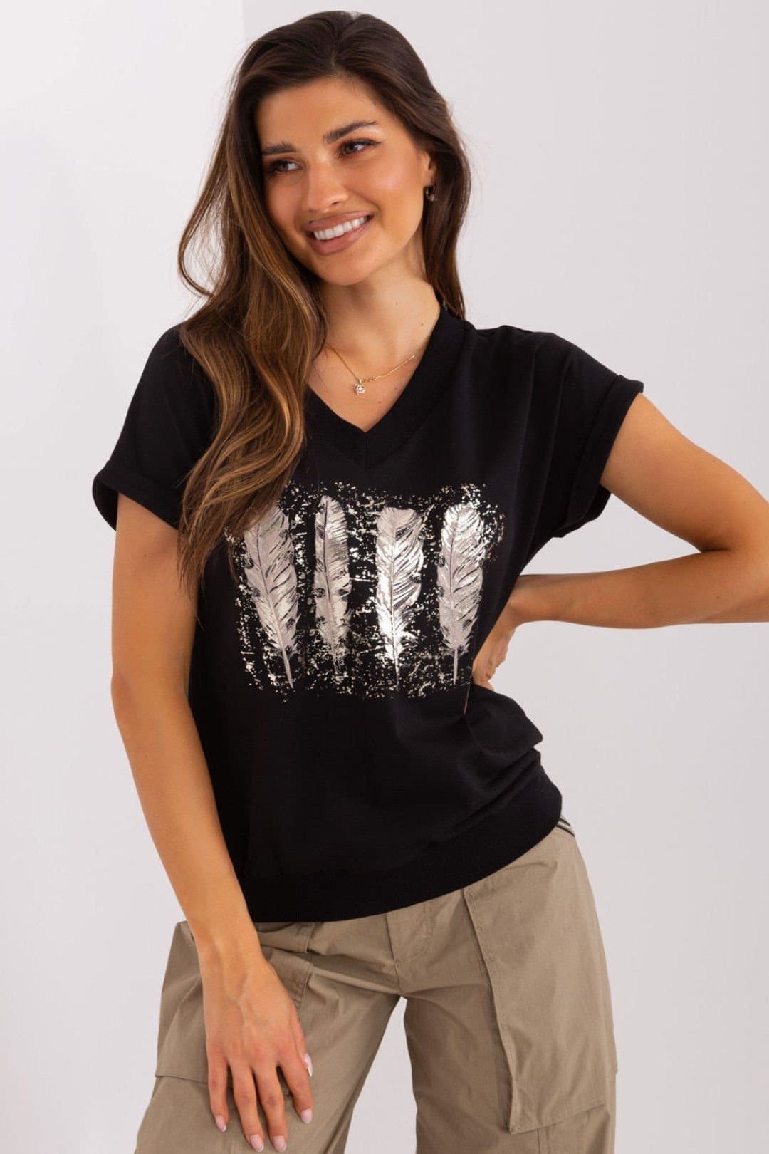 Love Lace Love Lace Black Cotton Short Sleeve Round Neck Top