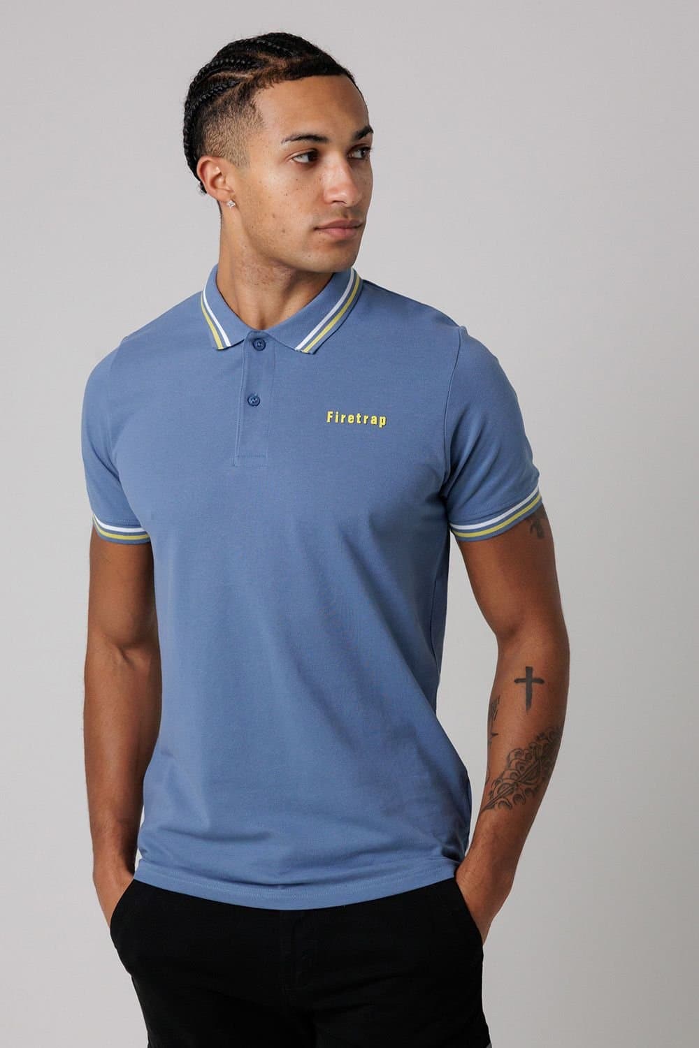 Firetrap Firetrap Men's Regular Fit Cotton Button Polo Shirt with Stripe Detail in Mid Navy