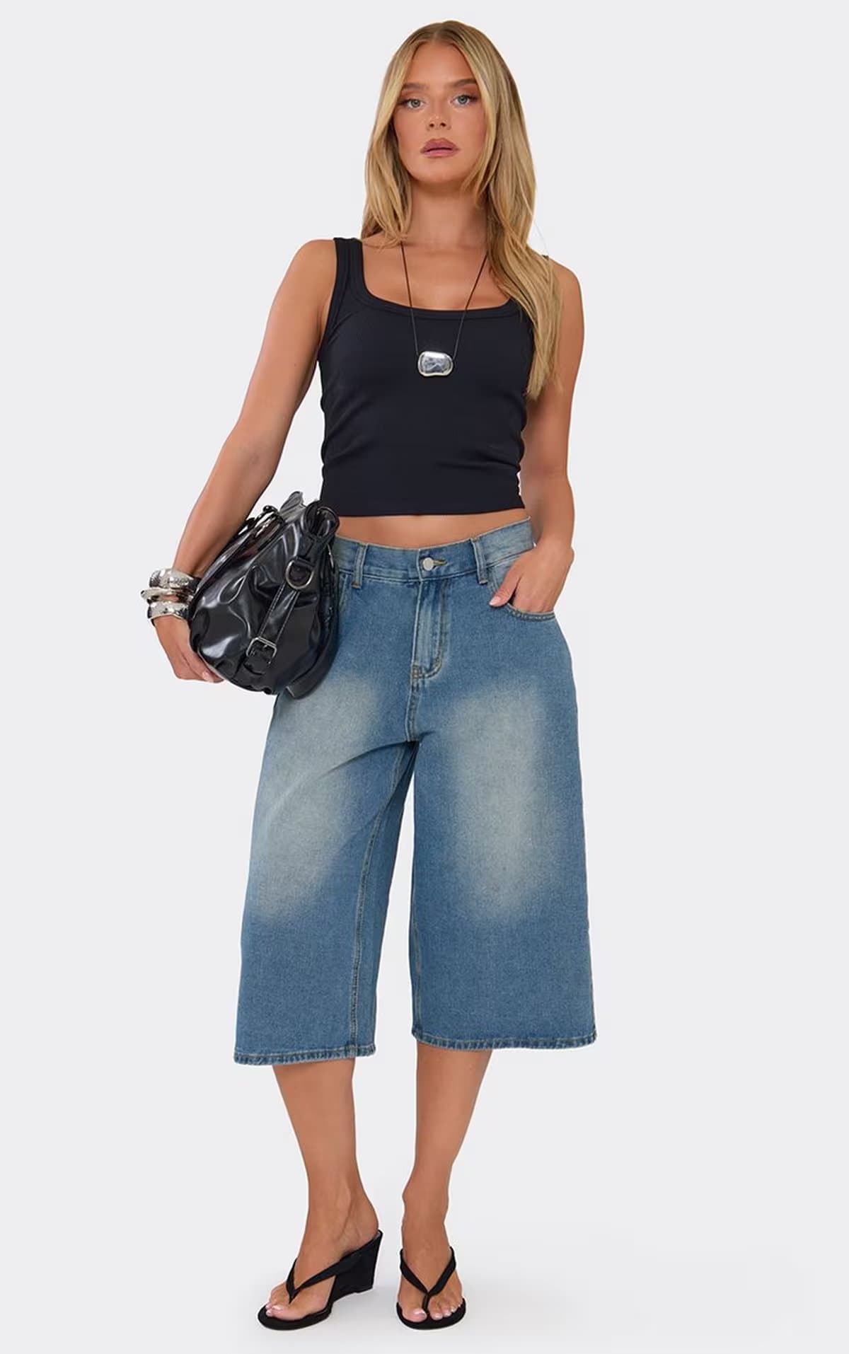 EGO Low Rise Wide Leg Jorts In Mid Blue Wash Denim, Women's Size UK 6