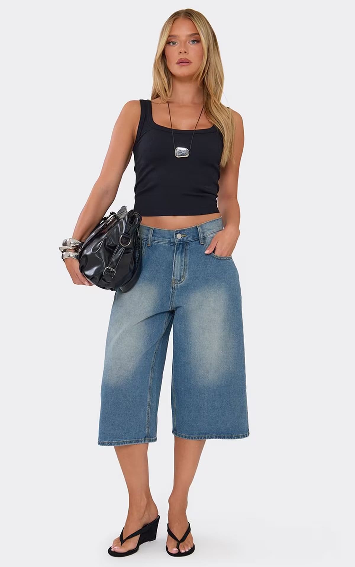 EGO Low Rise Wide Leg Denim Jorts In Mid Blue Wash