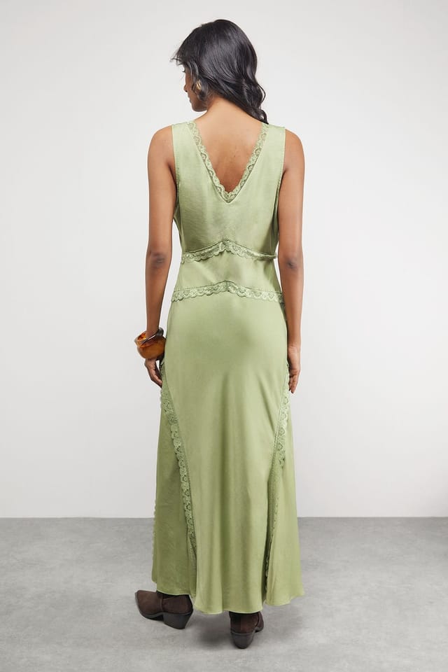 Warehouse Warehouse Women's Satin Contrast Lace Midi Slip Dress in Olive - 3