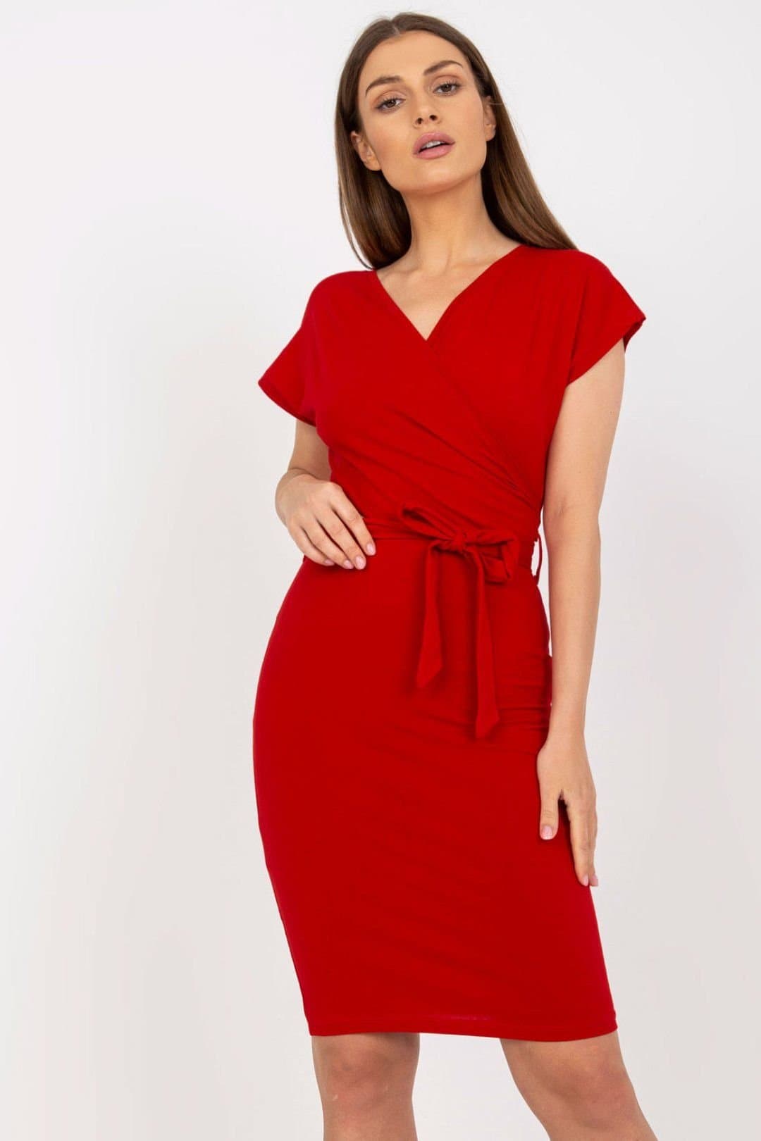 Love Lace Love Lace Women's Cotton Summer Pencil Dress with Tie Belt in Red