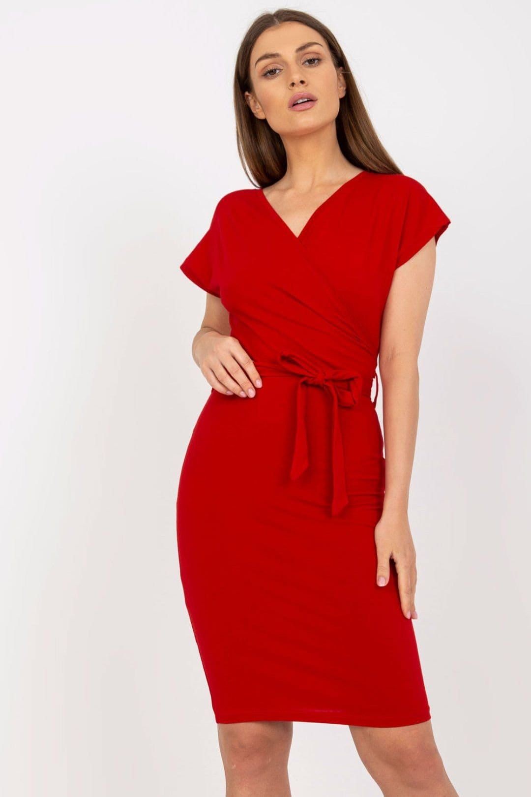 Love Lace Red Cotton Pencil Dress with Tie Belt