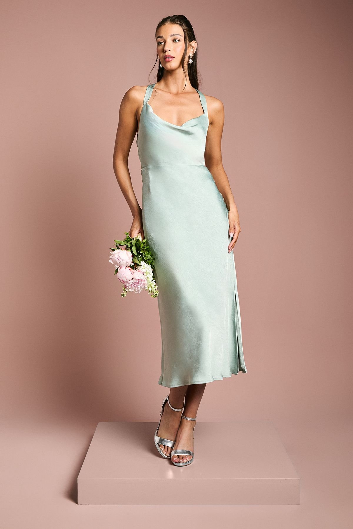 Oasis Oasis Women's Cross Shoulder Tie Back Satin Bridesmaid Dress in Sage - 2