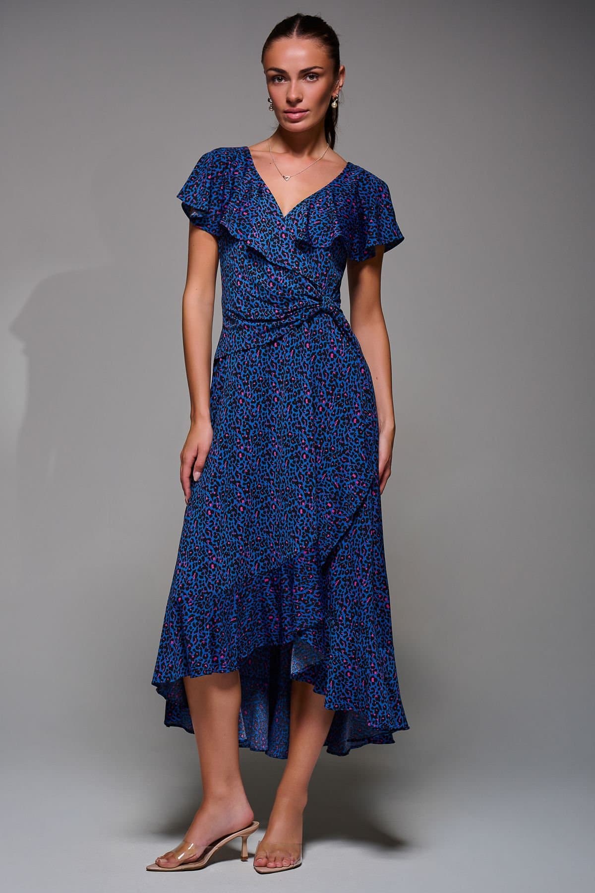 Jolie Moi Jolie Moi Women's Animal Print Frill Maxi Dress in Blue