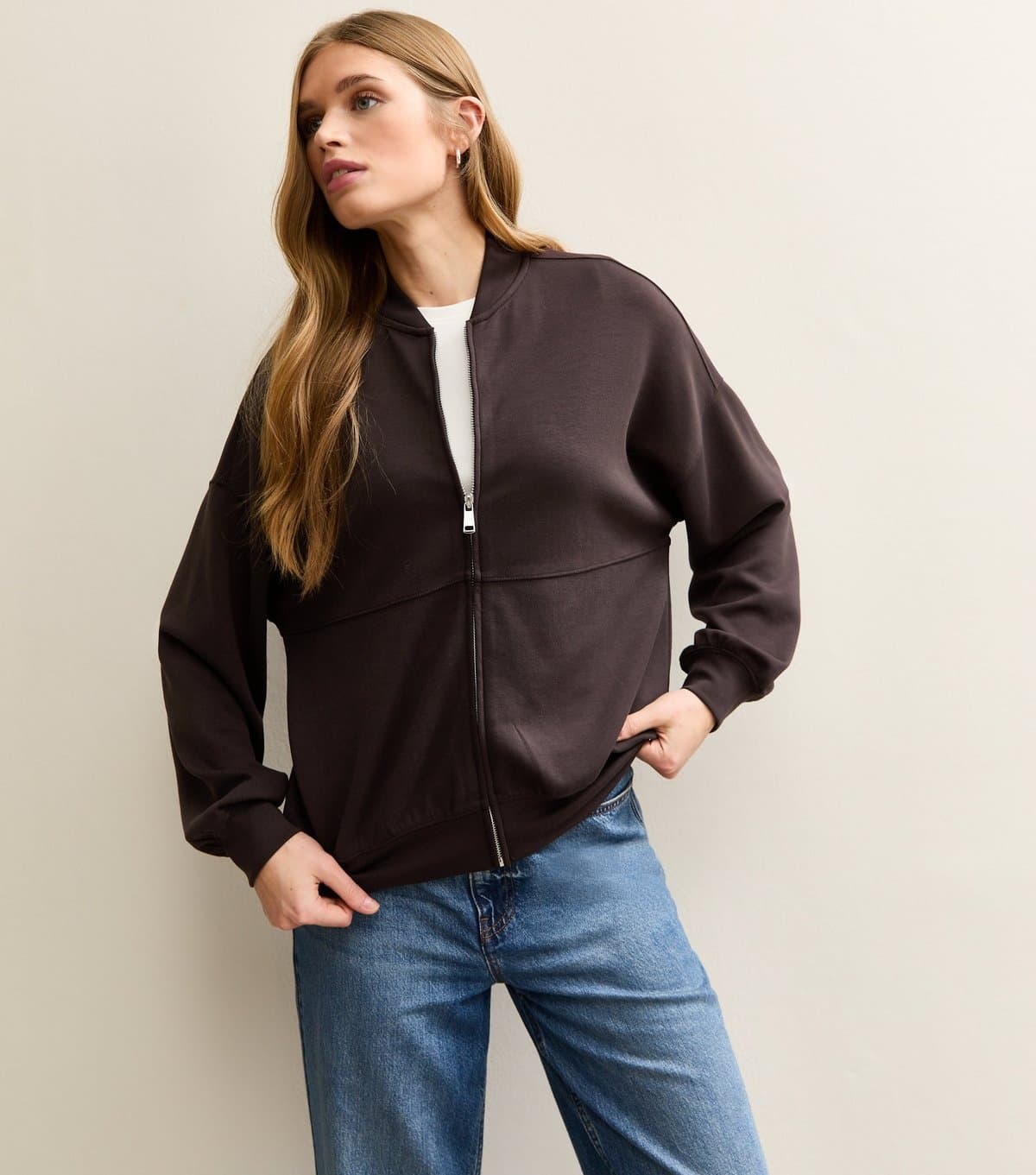 New Look Women's Premium Dark Brown Jersey Bomber Jacket New Look