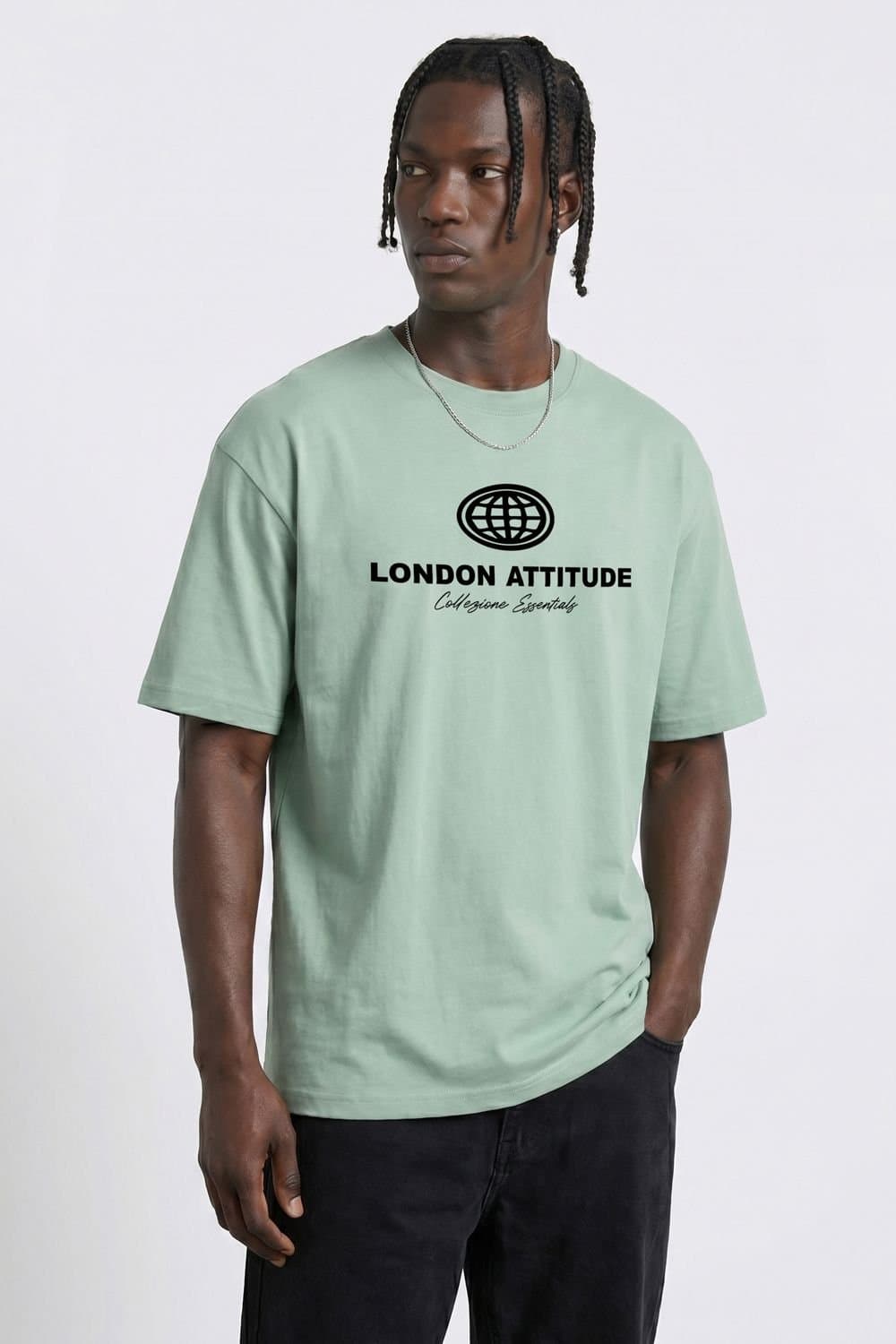 LONDON ATTITUDE LONDON ATTITUDE Men's Essential Globe Logo Premium Cotton T-Shirt in Pale Green