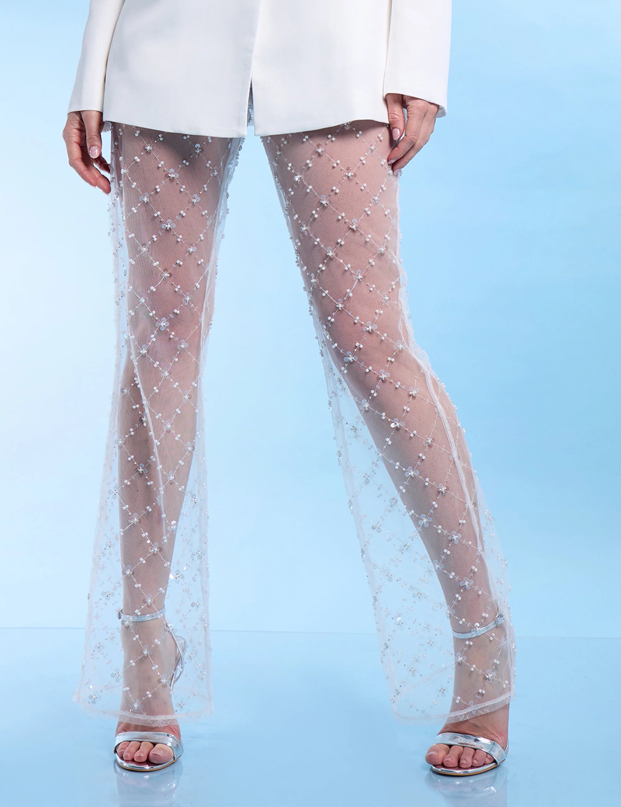 Public Desire Sheer Embellished Flared Trousers White - 2