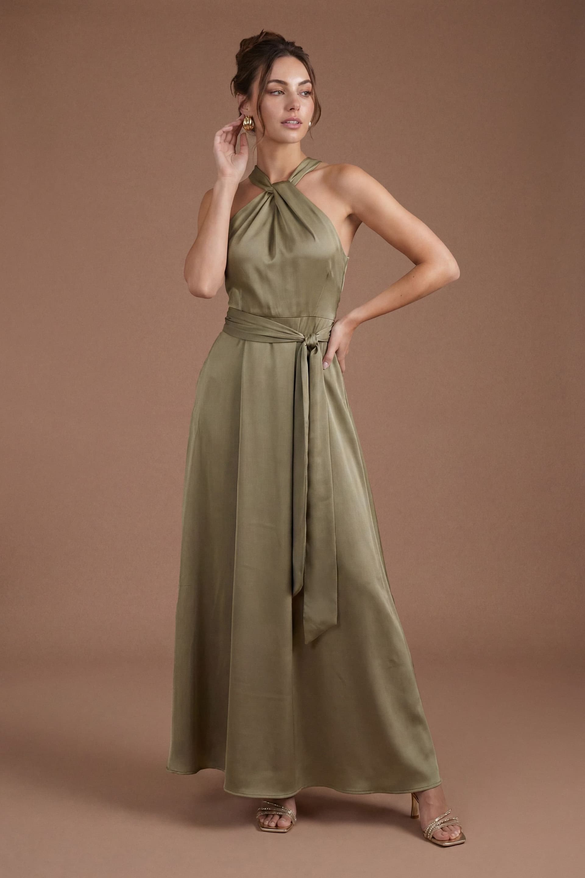 Coast Coast Women's Honoured Petite Twist Halterneck Satin Maxi Bridesmaid Dress in Olive