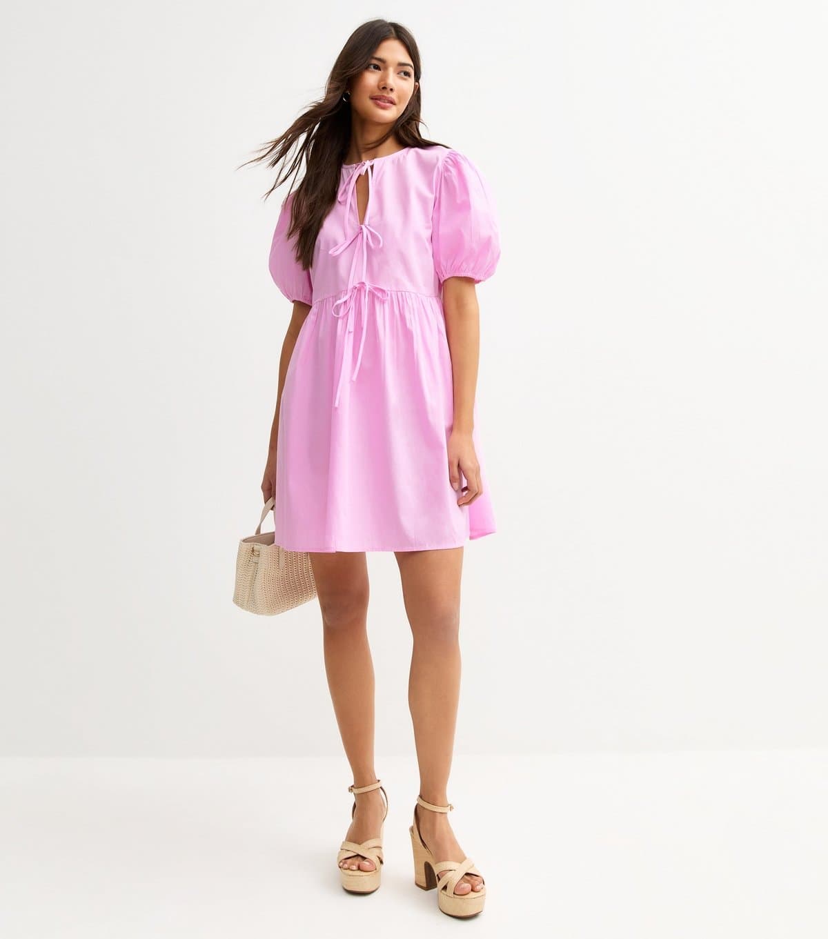 New Look Women's Light Pink Tie Front Bow Detail Mini Dress New Look