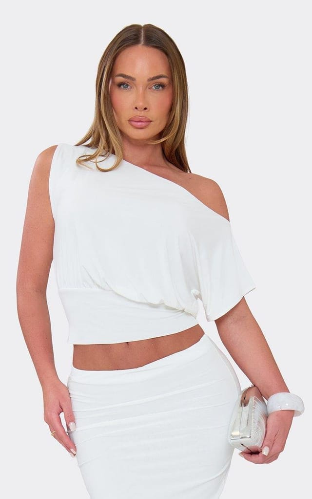 EGO One Shoulder Asymmetric Blouson Top In White, Women's Size UK 6 - 2