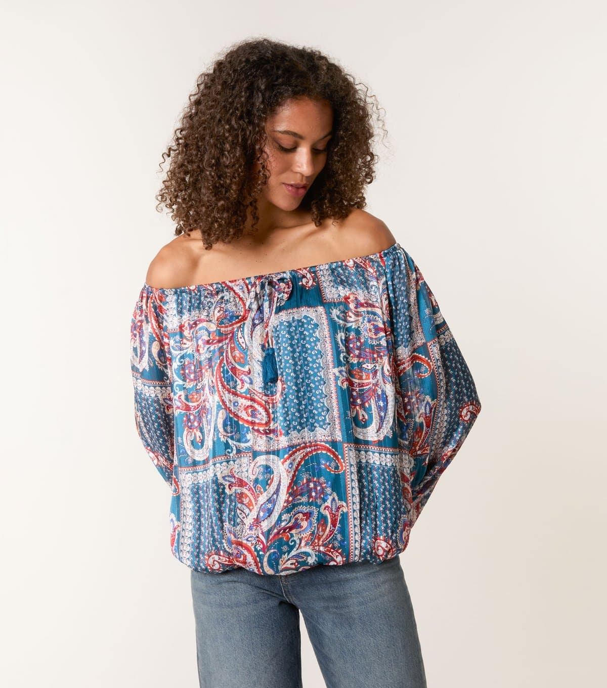 Blue Vanilla Women's Teal Bardot Puffball Hem Paisley Print Blouse Blue Vanilla New Look