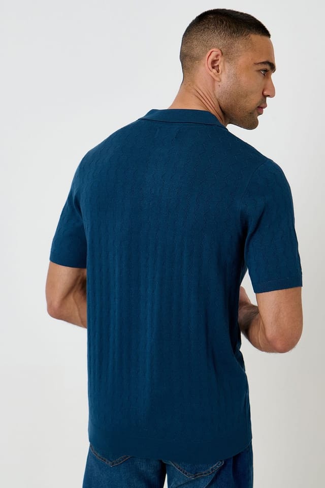 Threadbare Threadbare Men's Zig Zag Stitch Knitted Polo in Blue - 2