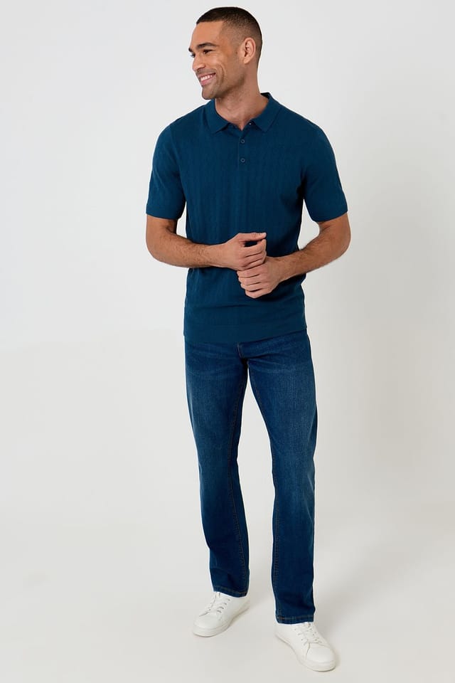 Threadbare Threadbare Men's Zig Zag Stitch Knitted Polo in Blue - 3