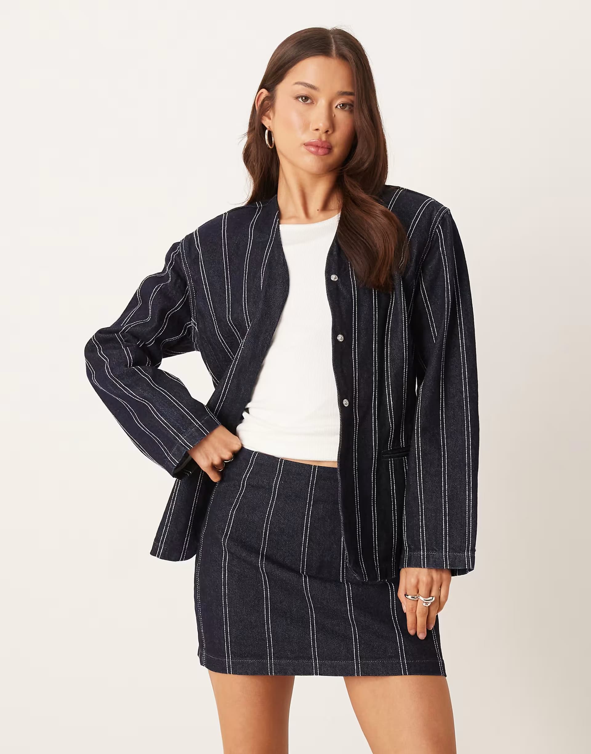 ASOS ASOS DESIGN denim navy pinstripe mini skirt co-ord