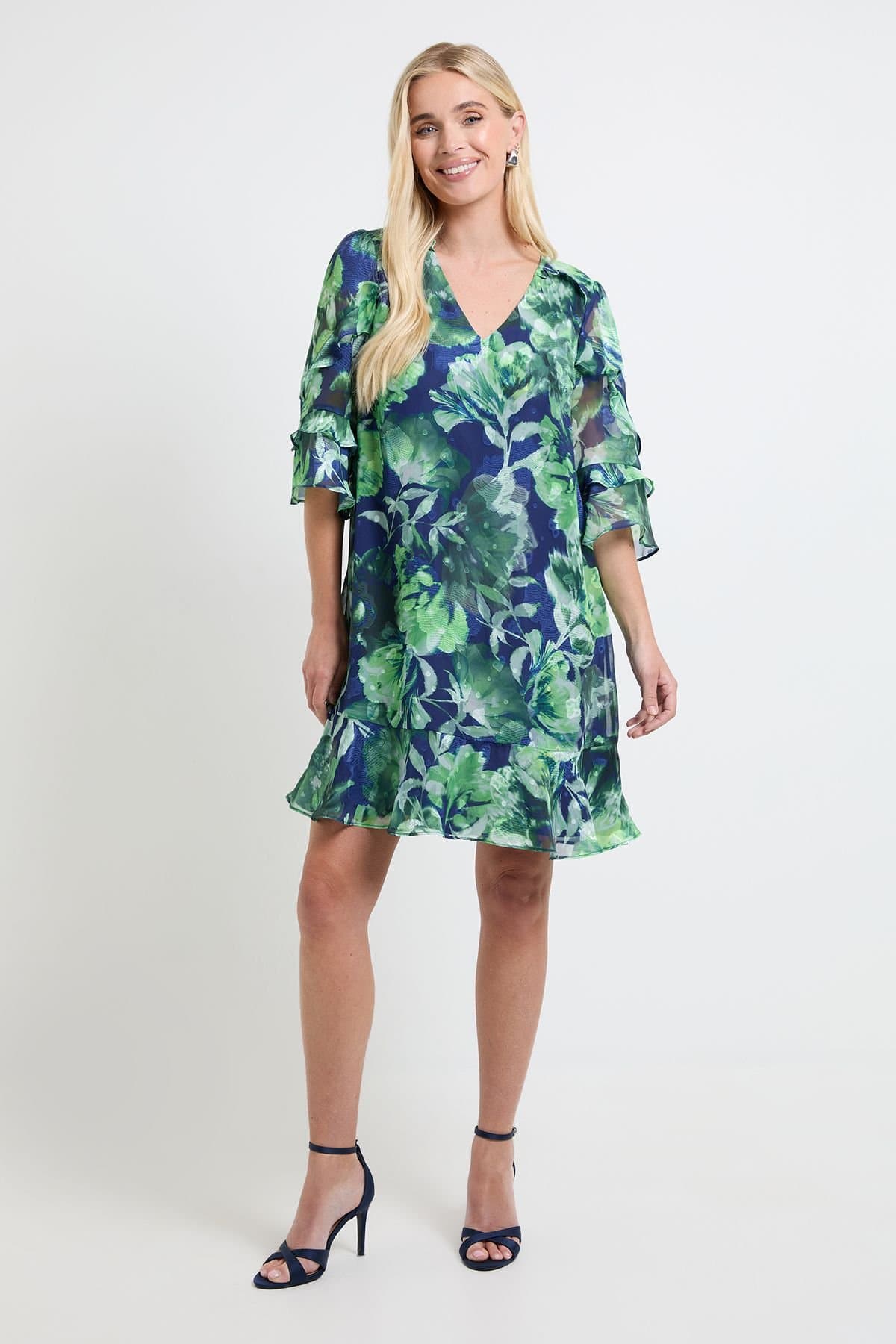 Wallis Wallis Women's Petite Floral Print Ruffle Shift Dress in Navy