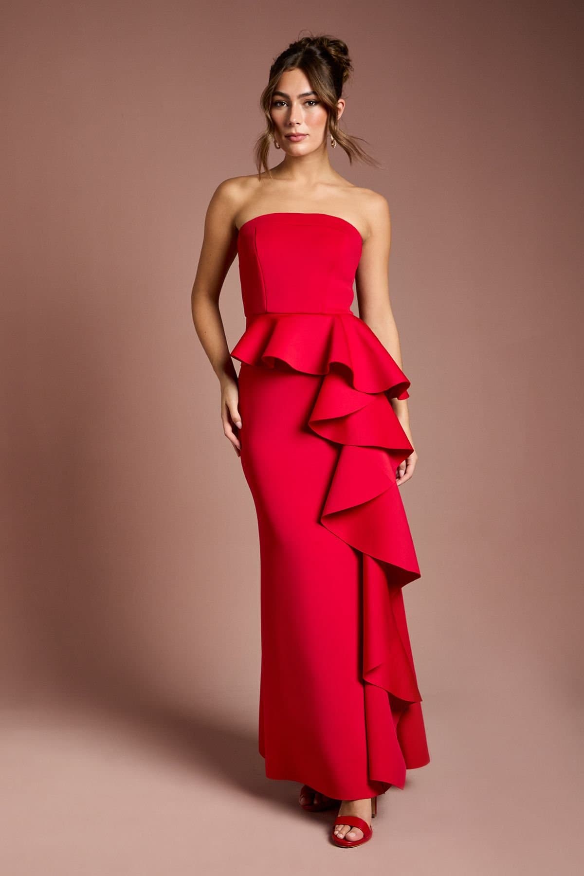 Coast Coast Women's Bandeau Ruffle Stretch Crepe Maxi Dress in Red