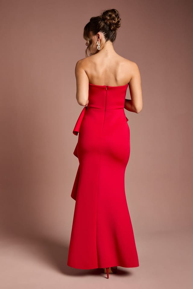Coast Coast Women's Bandeau Ruffle Stretch Crepe Maxi Dress in Red - 3