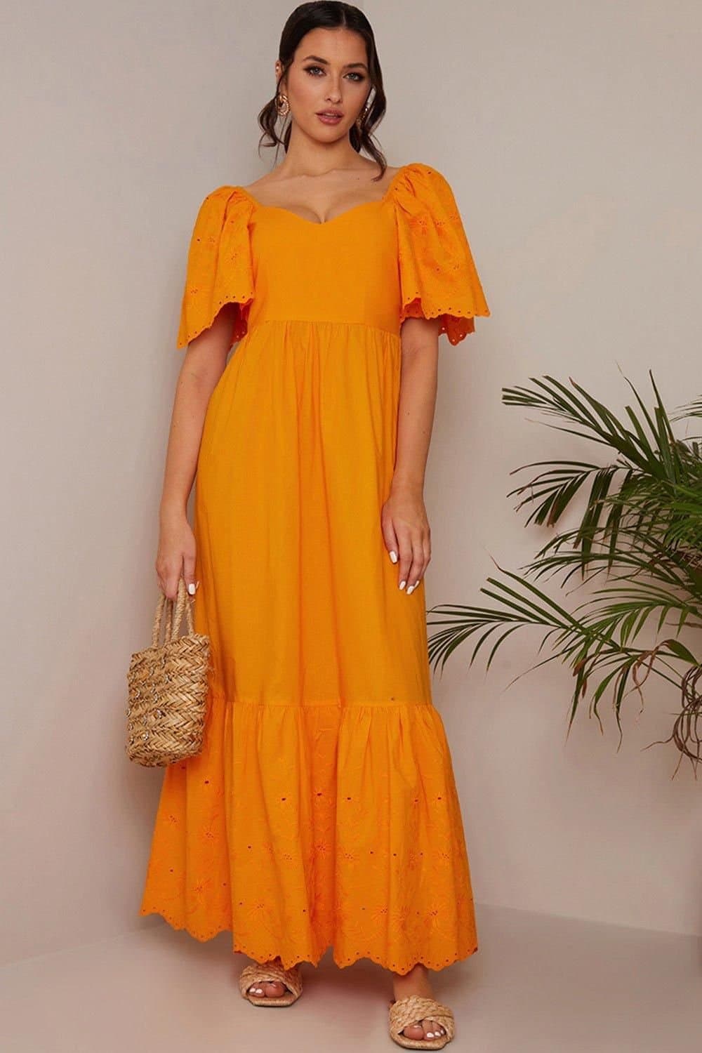 chi chi london Chi Chi London Women's Broderie Anglaise Sleeve Poplin Maxi Dress in Orange