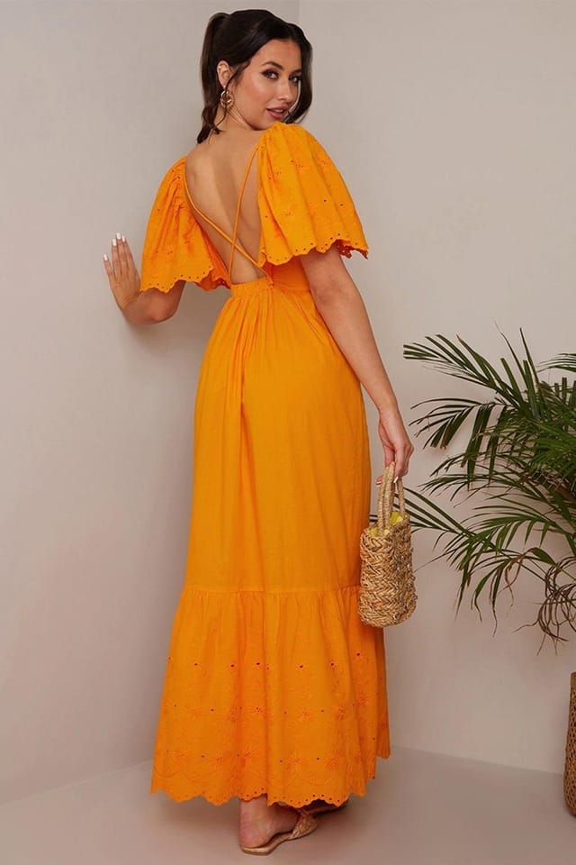 chi chi london Chi Chi London Women's Broderie Anglaise Sleeve Poplin Maxi Dress in Orange - 2